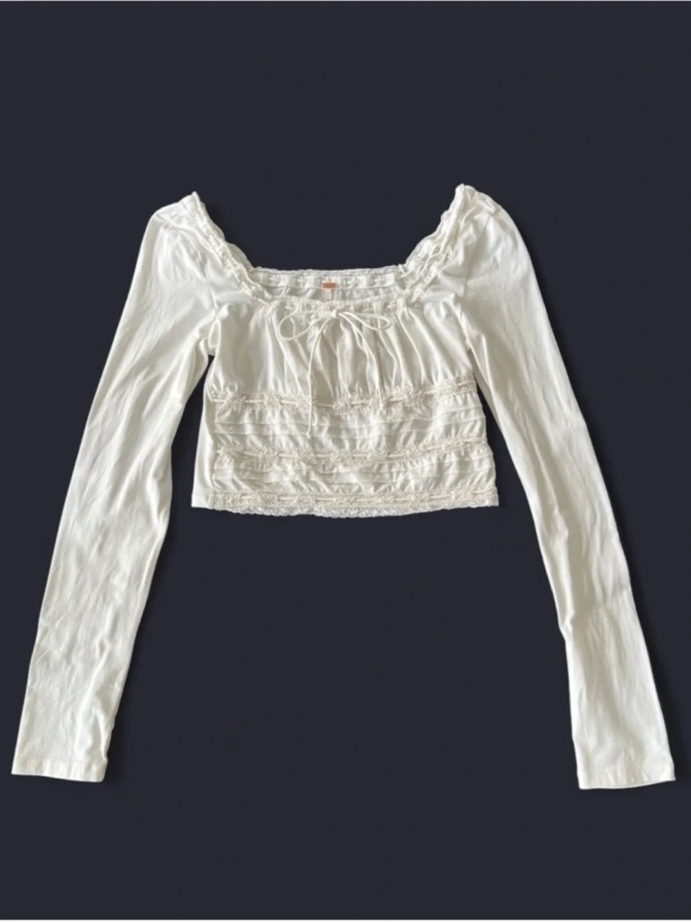 Free People Lace Trim Long Sleeve Crop Top White Square Neck Boho Size Small